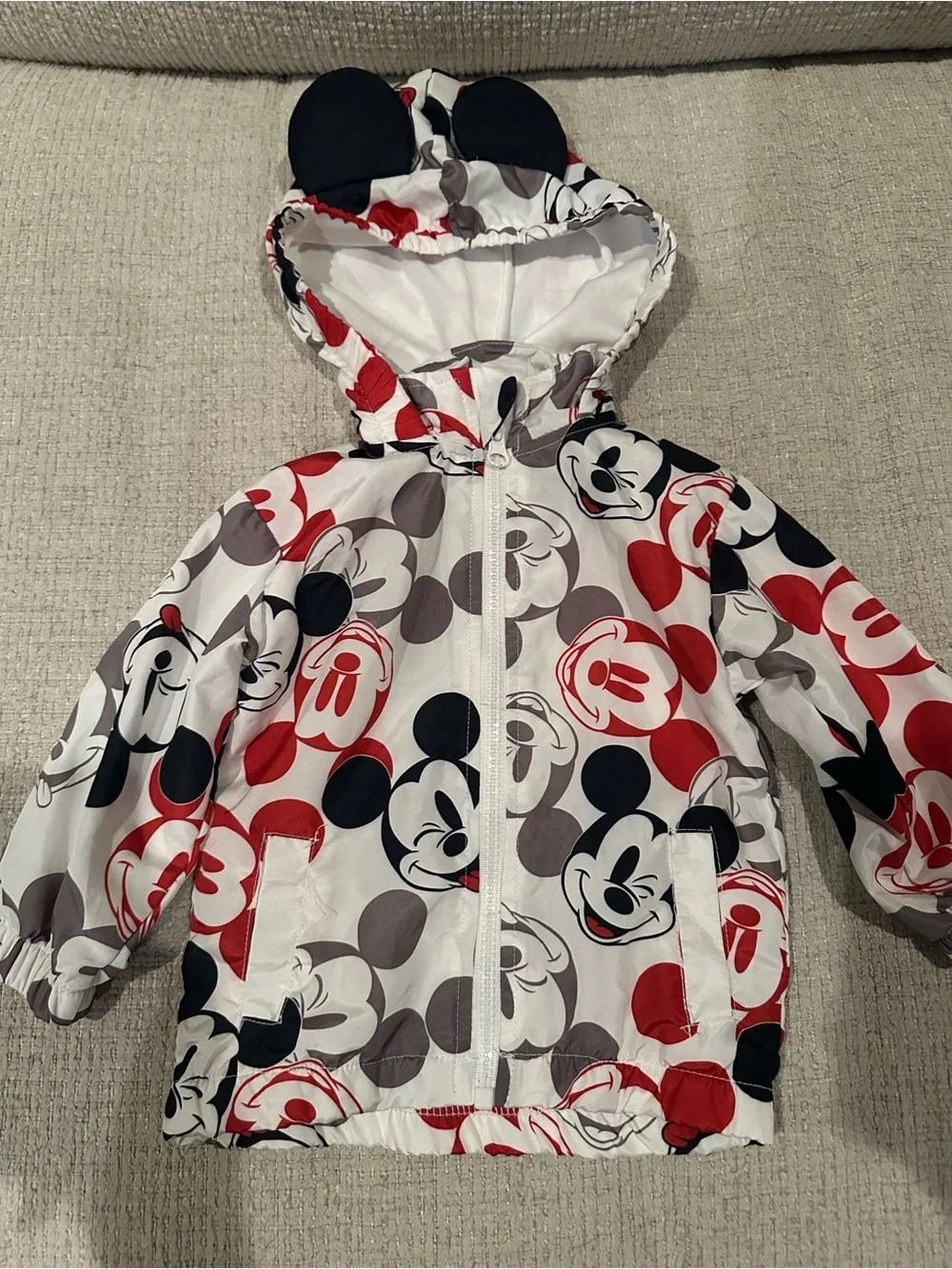 Disney Mickey Mouse Print Hooded Windbreaker Jacket - Red, Black & Gray Size 12M